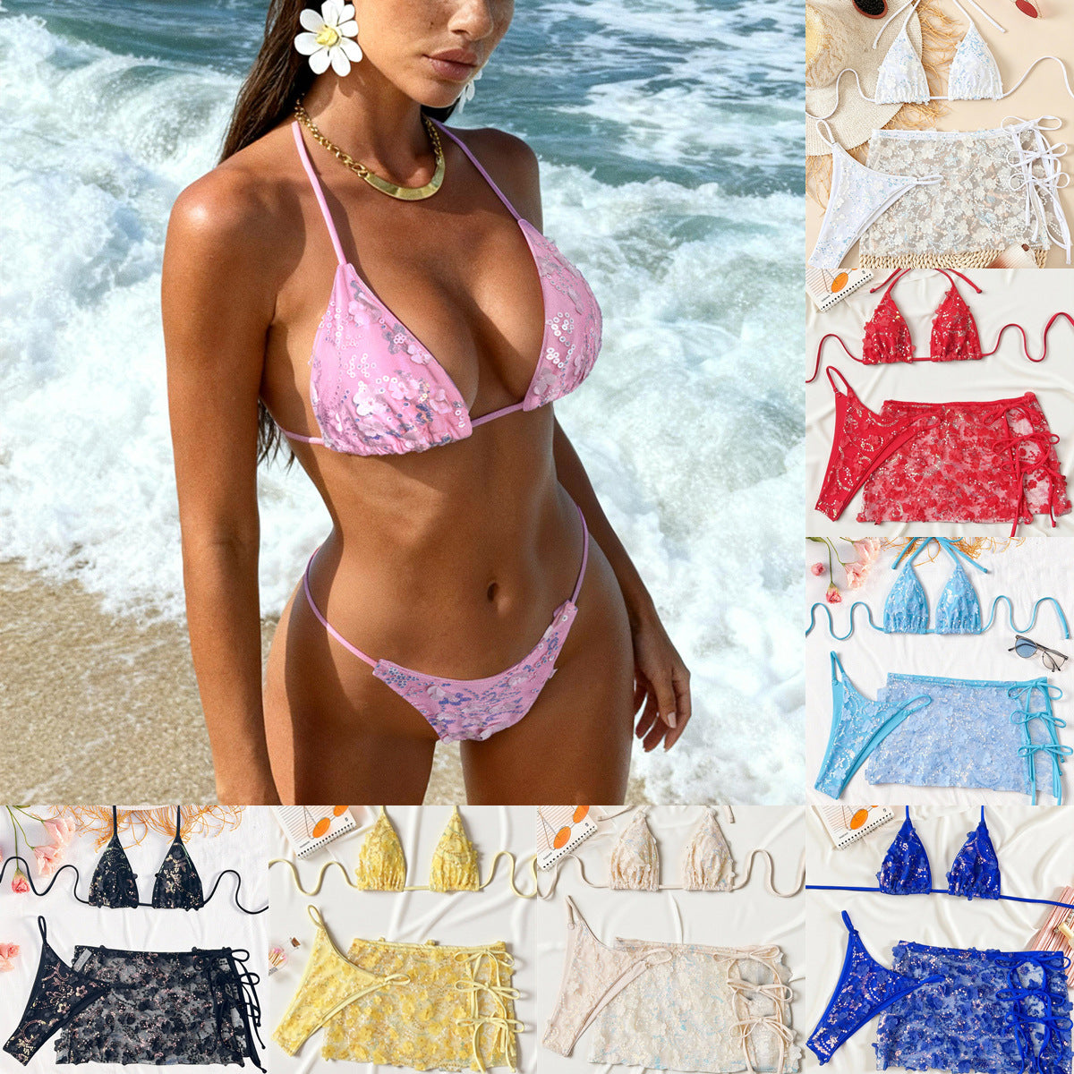 Bikini three piece swimsuit sequined swimsuit women strap match sets 6802