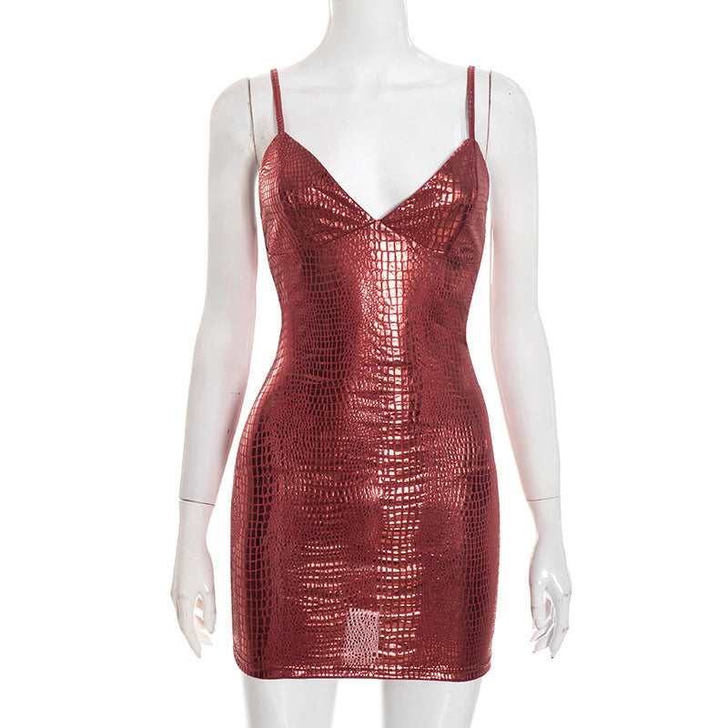 DZHT D25DS543 fashion bronzing suspender tight jumpsuit skirt