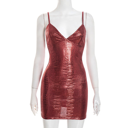 DZHT D25DS543 fashion bronzing suspender tight jumpsuit skirt