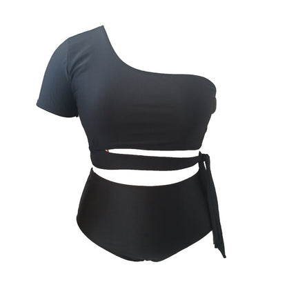 LF (L-4XL) women's split solid color black swimsuit plus size