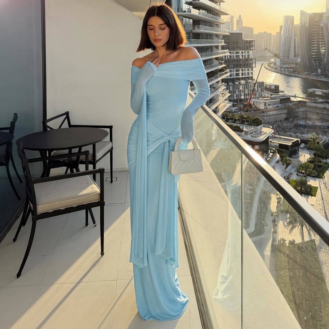 DLS Spring 2026 temperament long sleeve sexy off-the-shoulder slim-fit lace up dress