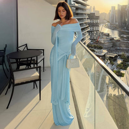 DLS Spring 2026 temperament long sleeve sexy off-the-shoulder slim-fit lace up dress