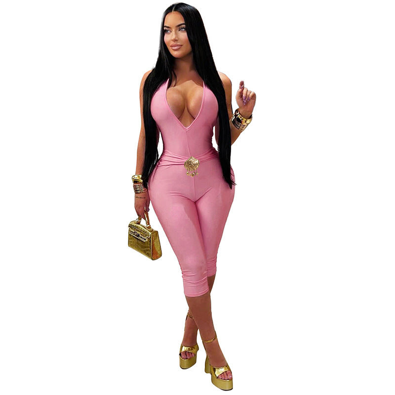 DZHT D26JP165 all-match deep V halter lace-up tight one-piece cropped pants