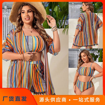 CL (L-4XL) women's plus size swimsuit striped tassel split bikini split four-piece set beach cover-up