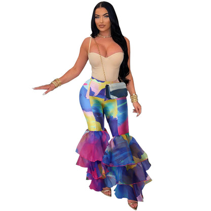 MYF (S-2XL) K10744 tie-dyed printed bell-bottom pants ruffled women's pants