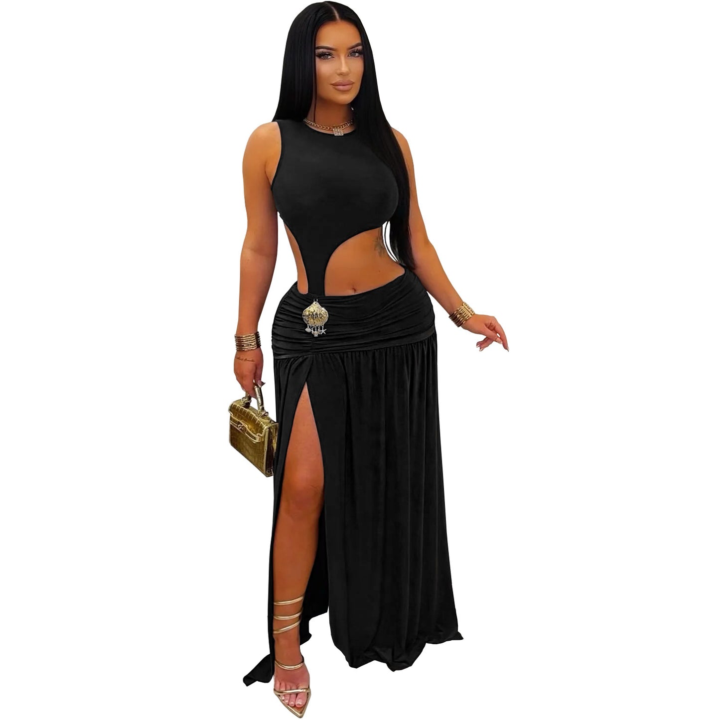 XYZ C7597 sleeveless midriff-baring slit dress