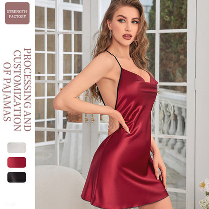 DNL short backless slip dress artificial silk dress women's solid color and V-neck cross nightdress