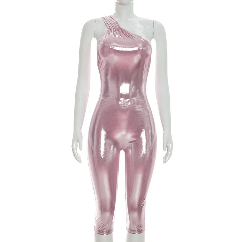 DZHT D26JP189 bronzing slant shoulder bare back tight hot girl cropped jumpsuit
