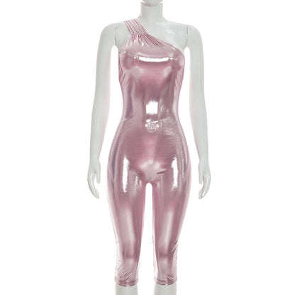 DZHT D26JP189 bronzing slant shoulder bare back tight hot girl cropped jumpsuit