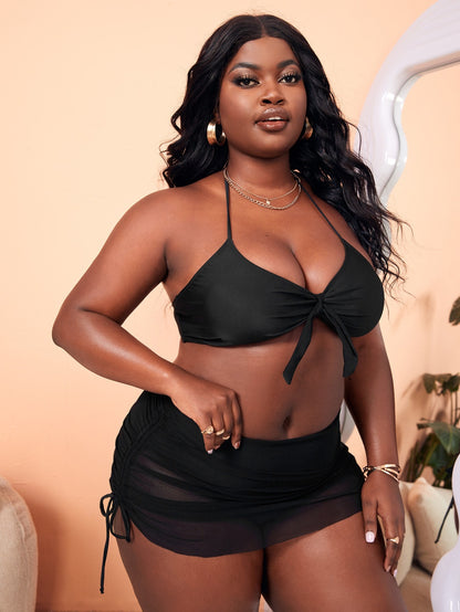 LF (L-4XL) women's split solid color black swimsuit plus size