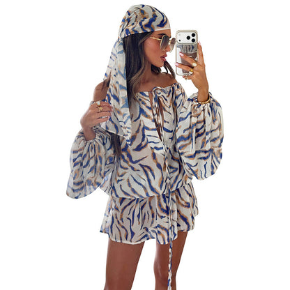 DZHT D26DS161 striped printed mesh hair band drawstring long lantern sleeve jumpsuit skirt