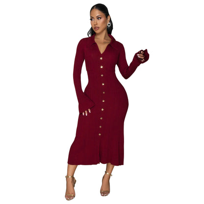 MYF (S-2XL) 10913V collar dress single-breasted long sleeve dress