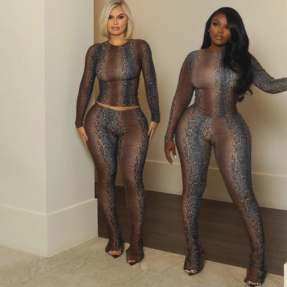 SXR autumn and winter waist-controlled long sleeves top skinny hip raise printed trousers suit