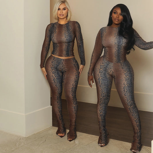 SXR autumn and winter waist-controlled long sleeves top skinny hip raise printed trousers suit