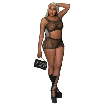 MZ (S-2XL) leopard print MZ88624 mesh suit stretch vest shorts set