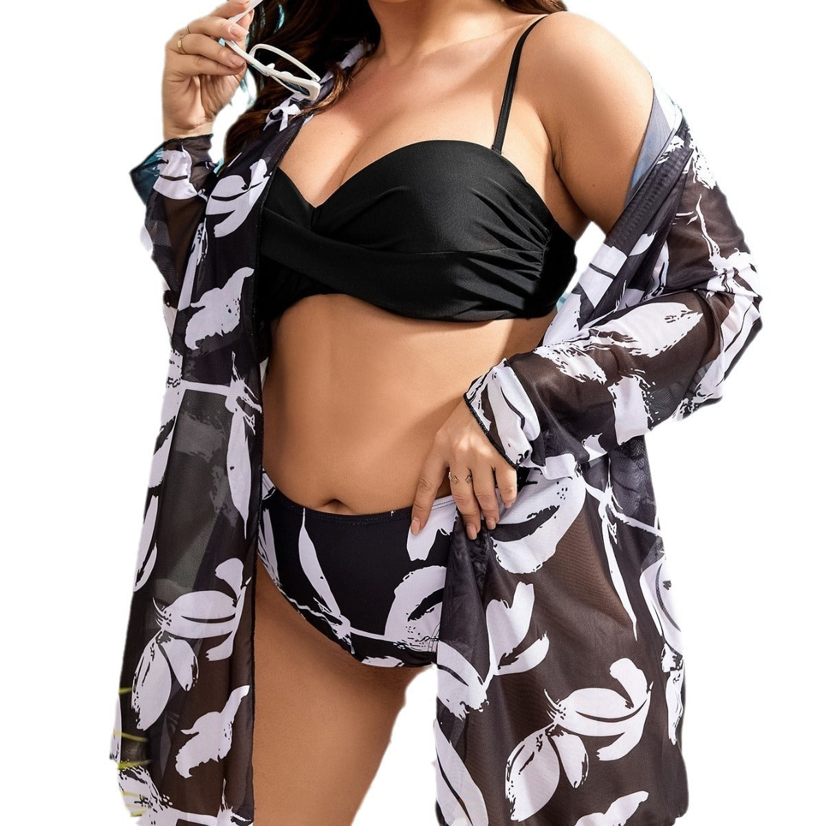 LF (L-4XL) sexy three-piece suit black and white printing plus size Beach swimsuit suit