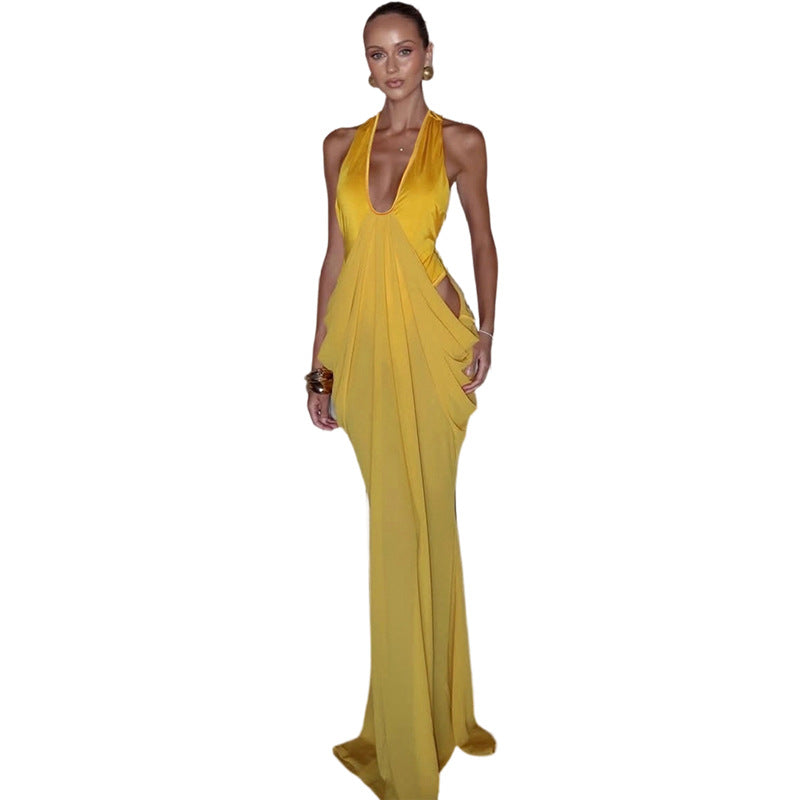 SXR 2026 Spring Design Deep V sexy pleated waist tight formal dress