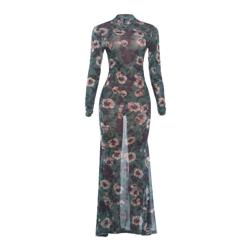 SXR 2026 spring vintage printed fishtail dress long sleeve waist-tight elegant dress