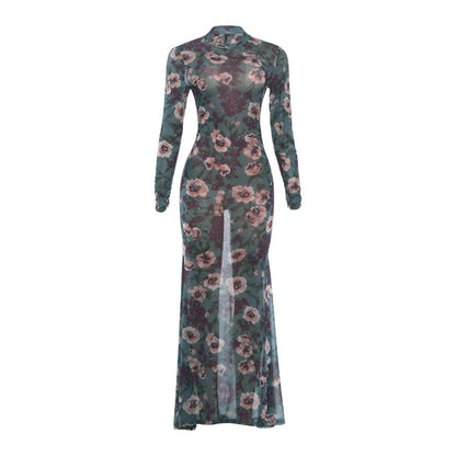 SXR 2026 spring vintage printed fishtail dress long sleeve waist-tight elegant dress