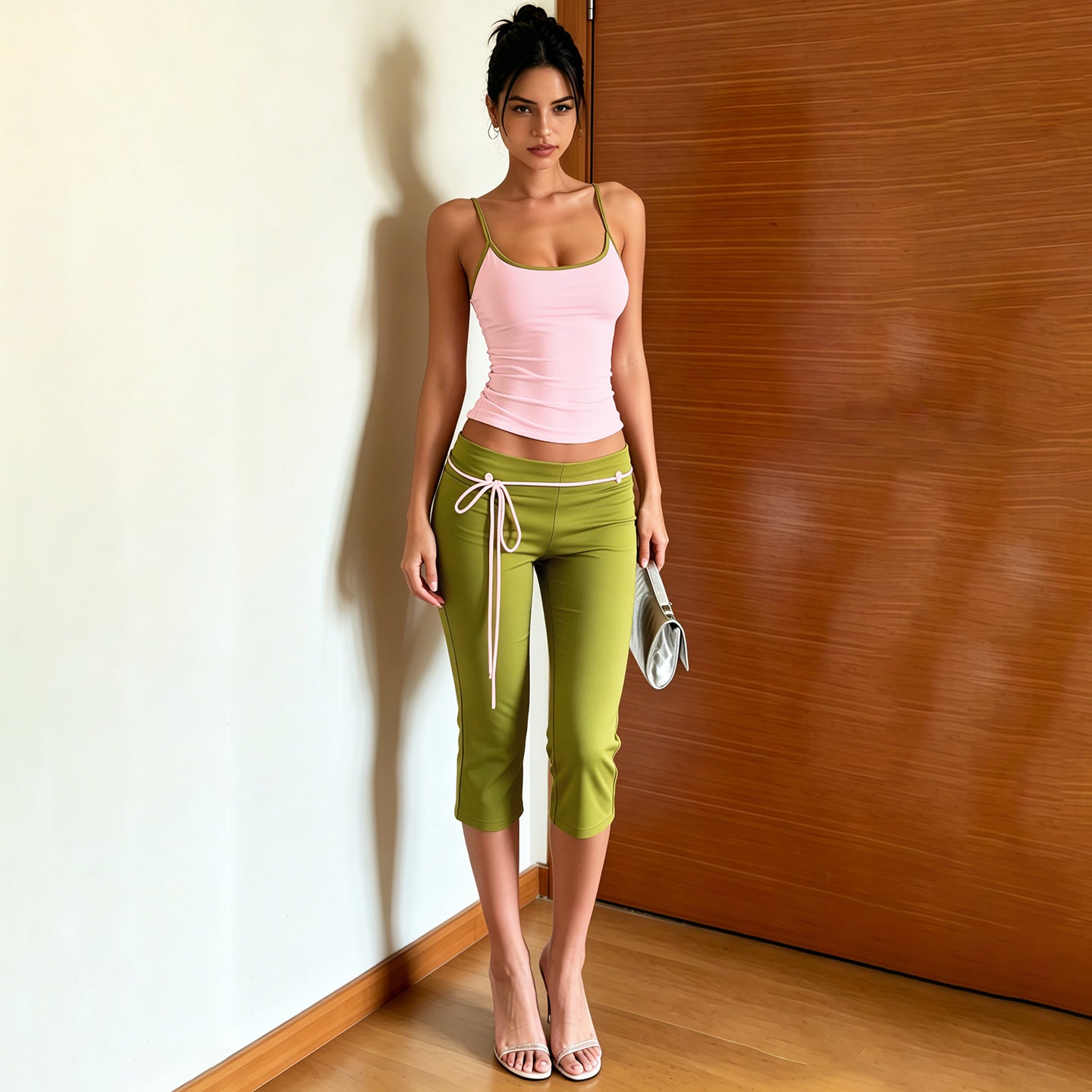 SXR K6S09860A summer slimming contrast color slim fit sling high waist tight fifth pants suit
