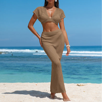 CYB knitted V-neck top Beach skirt blouse set