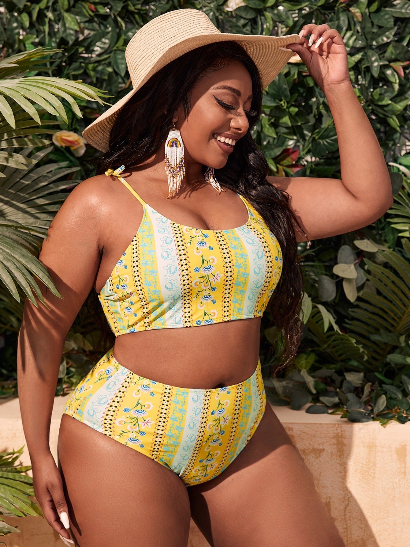 LF (L-4XL) women's split color printing swimsuit plus size