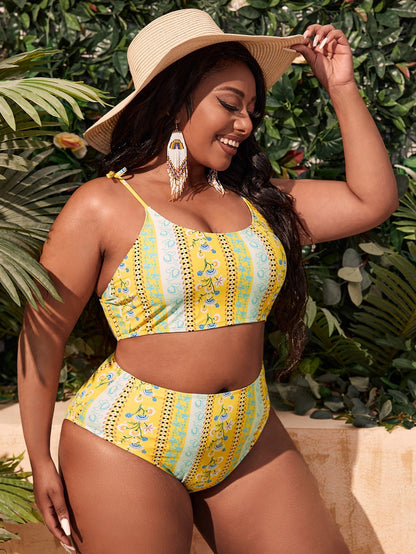 LF (L-4XL) women's split color printing swimsuit plus size