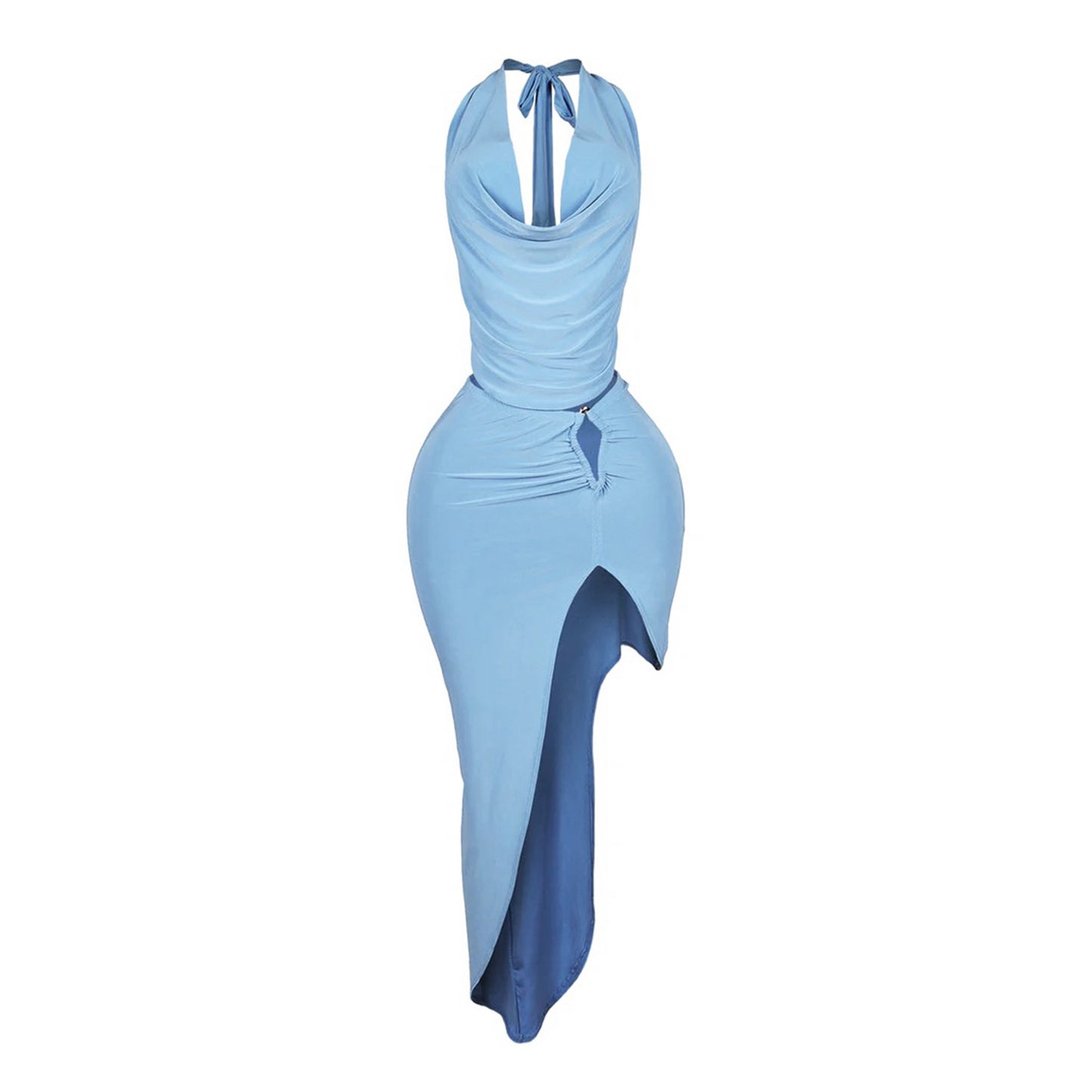MYF (S-2XL) 20176 halter swing collar high slit skirt suit