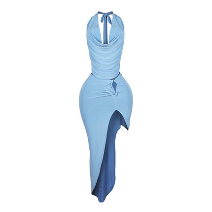 MYF (S-2XL) 20176 halter swing collar high slit skirt suit