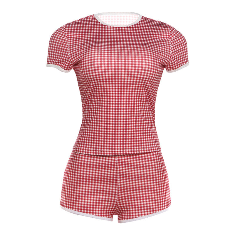 SXR spring Plaid crew neck slim-fit short-sleeved T-shirt high waist hip lift shorts