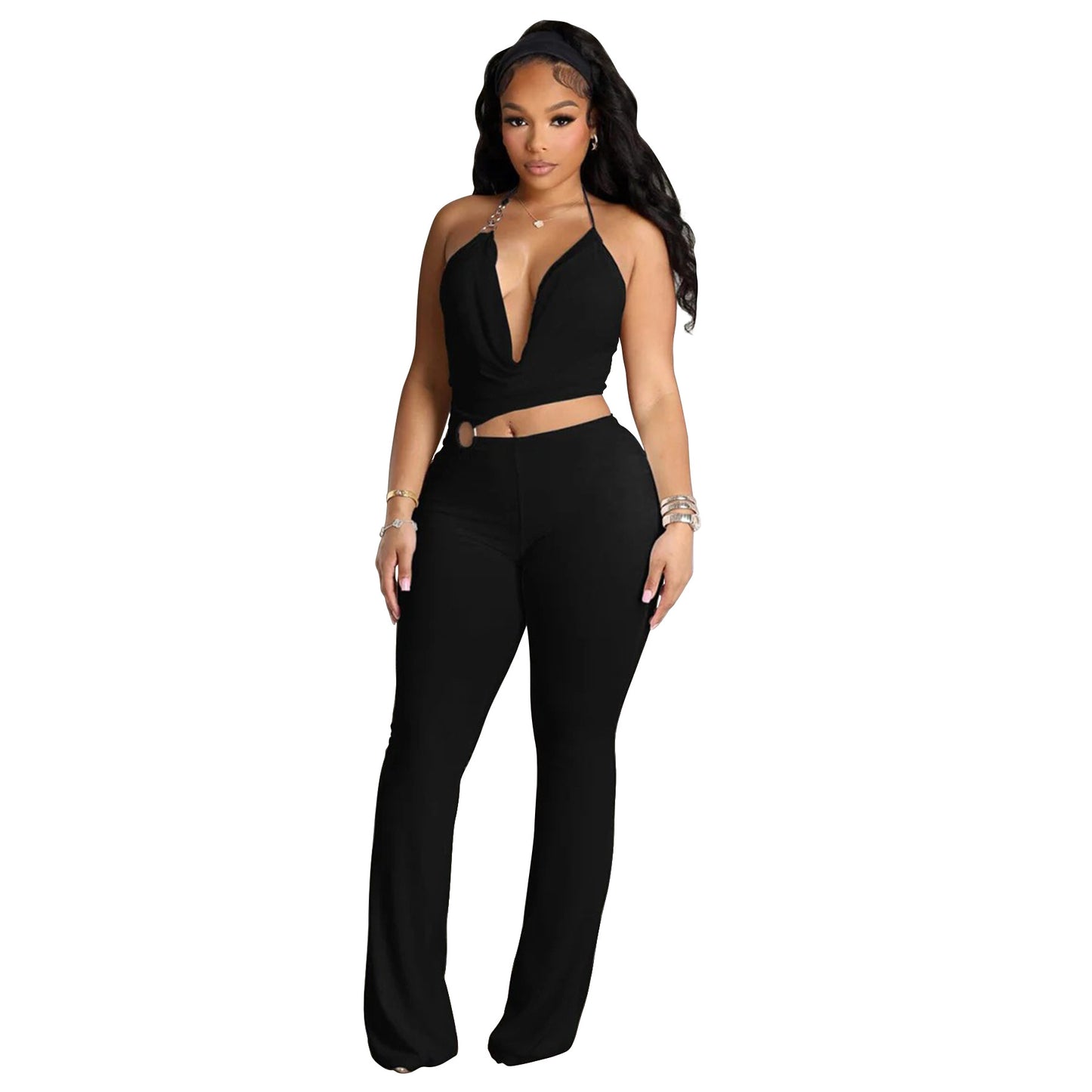 MYF (S-2XL) 10867 circle decorative halter midriff outfit jumpsuit