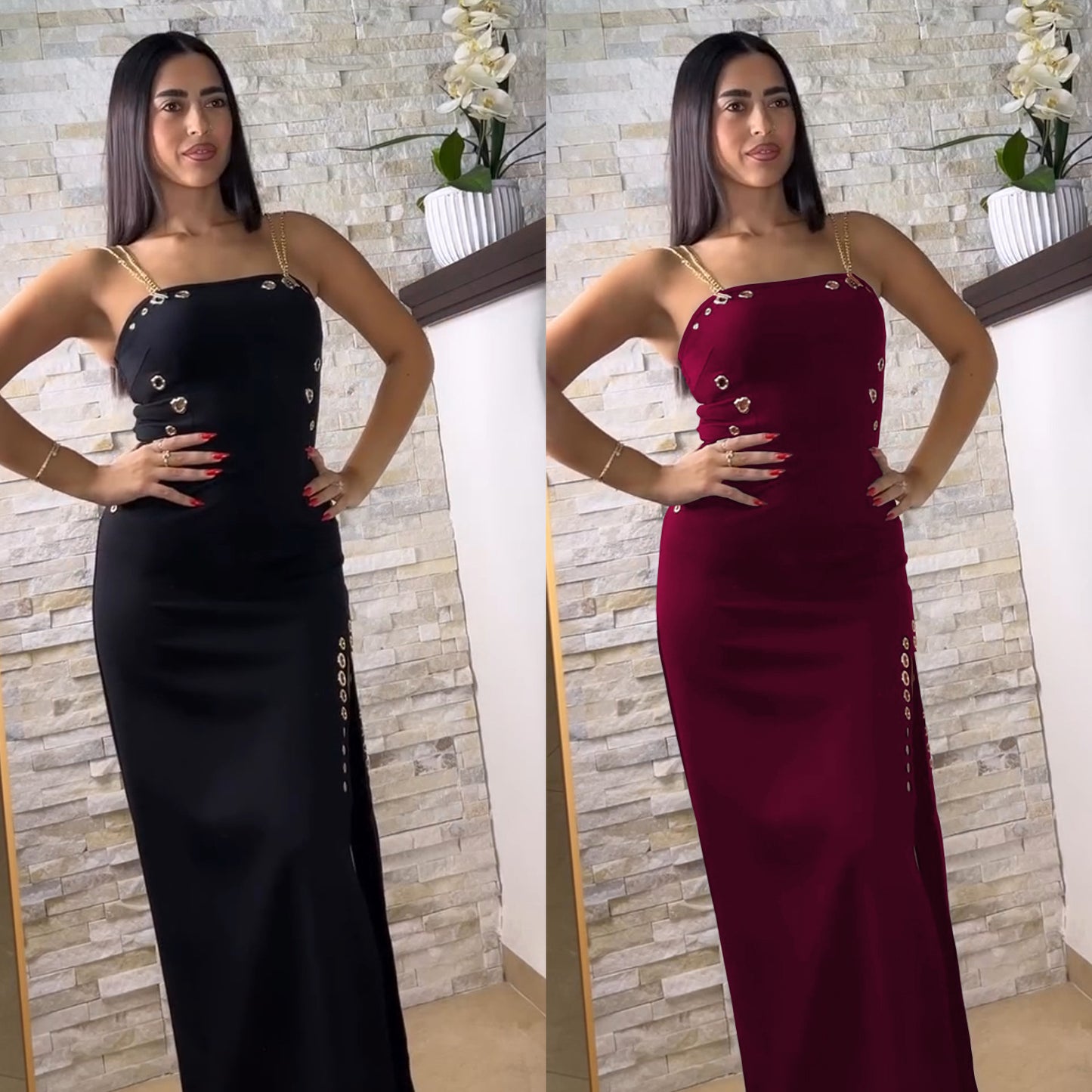 XYZ C7522 elegant gold necklace sleeveless split dress