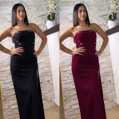 XYZ C7522 elegant gold necklace sleeveless split dress
