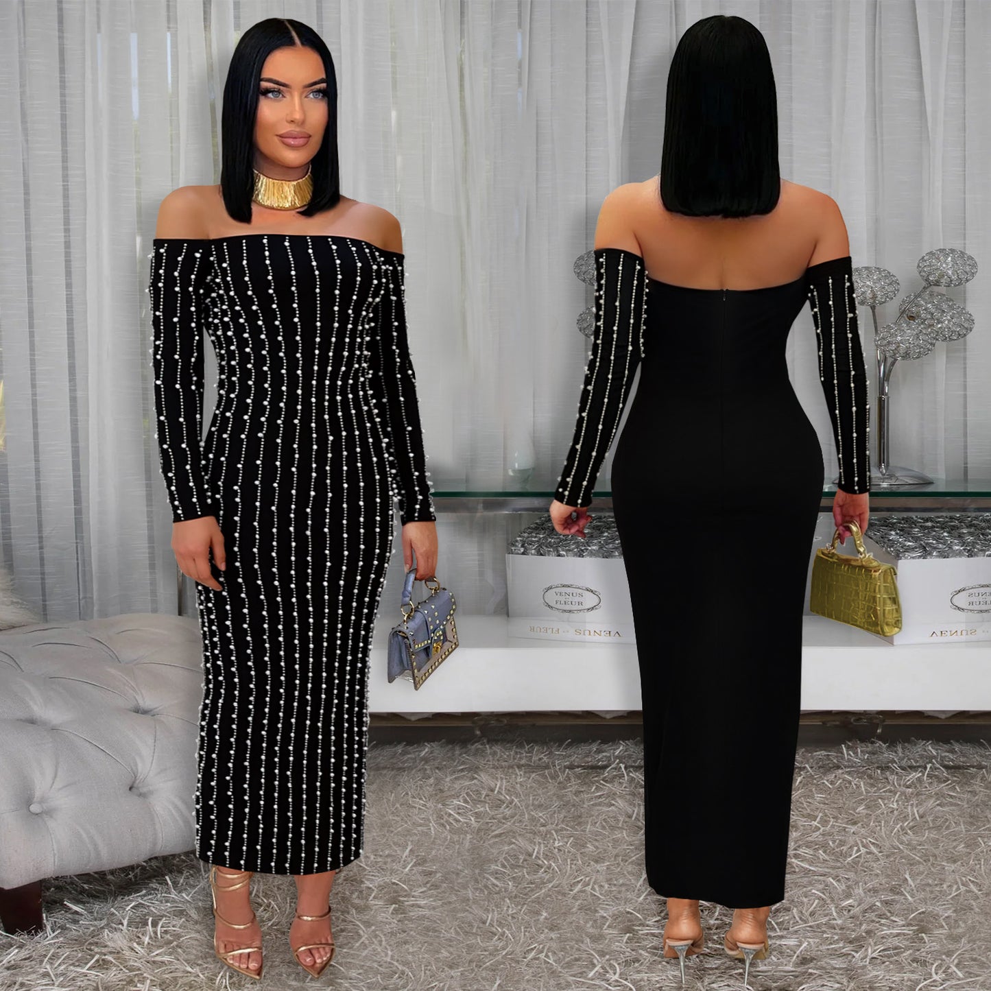 XYZ C7419 elegant long sleeve tube top rhinestone arm covering dress