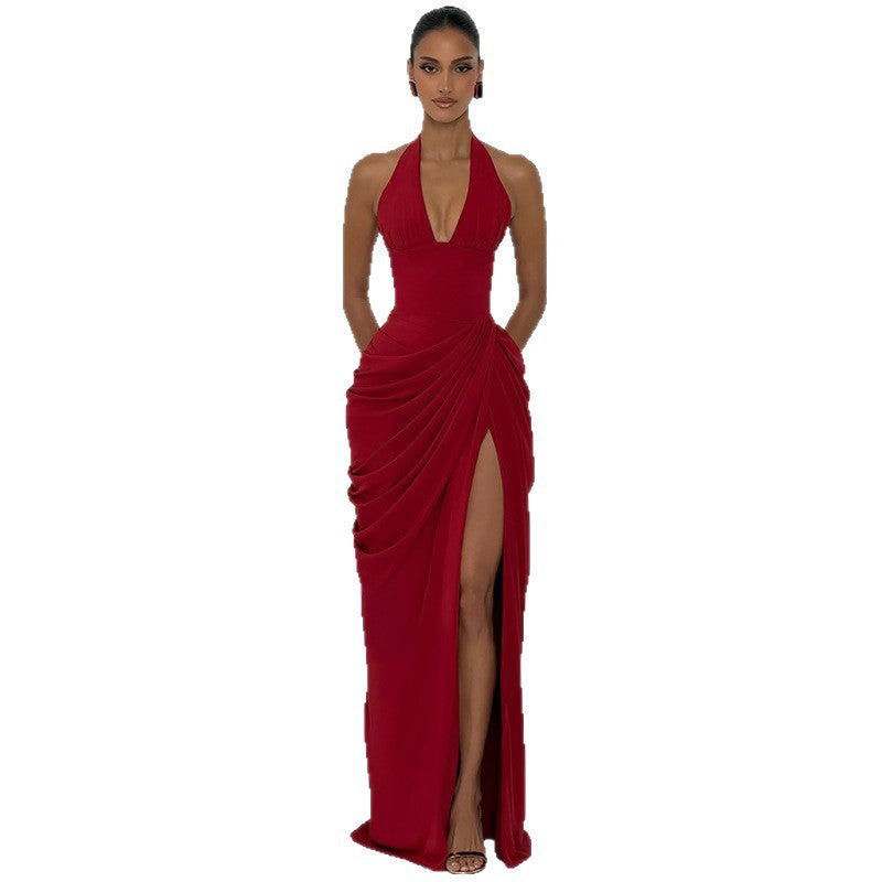 DLS summer halter backless pleated high slit sheath dress