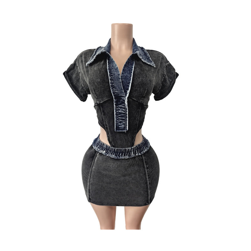 MZ (S-2XL) denim cotton MZ88634 short sleeve jumpsuit high elastic skirt suit