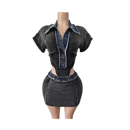 MZ (S-2XL) denim cotton MZ88634 short sleeve jumpsuit high elastic skirt suit