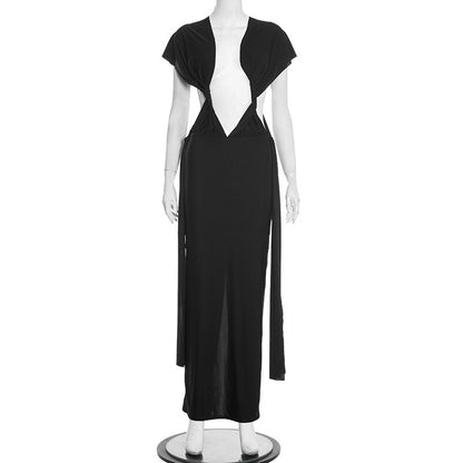 DZHT C25DS453 fashion hollowed-out pleating slit sleeveless ribbon dress