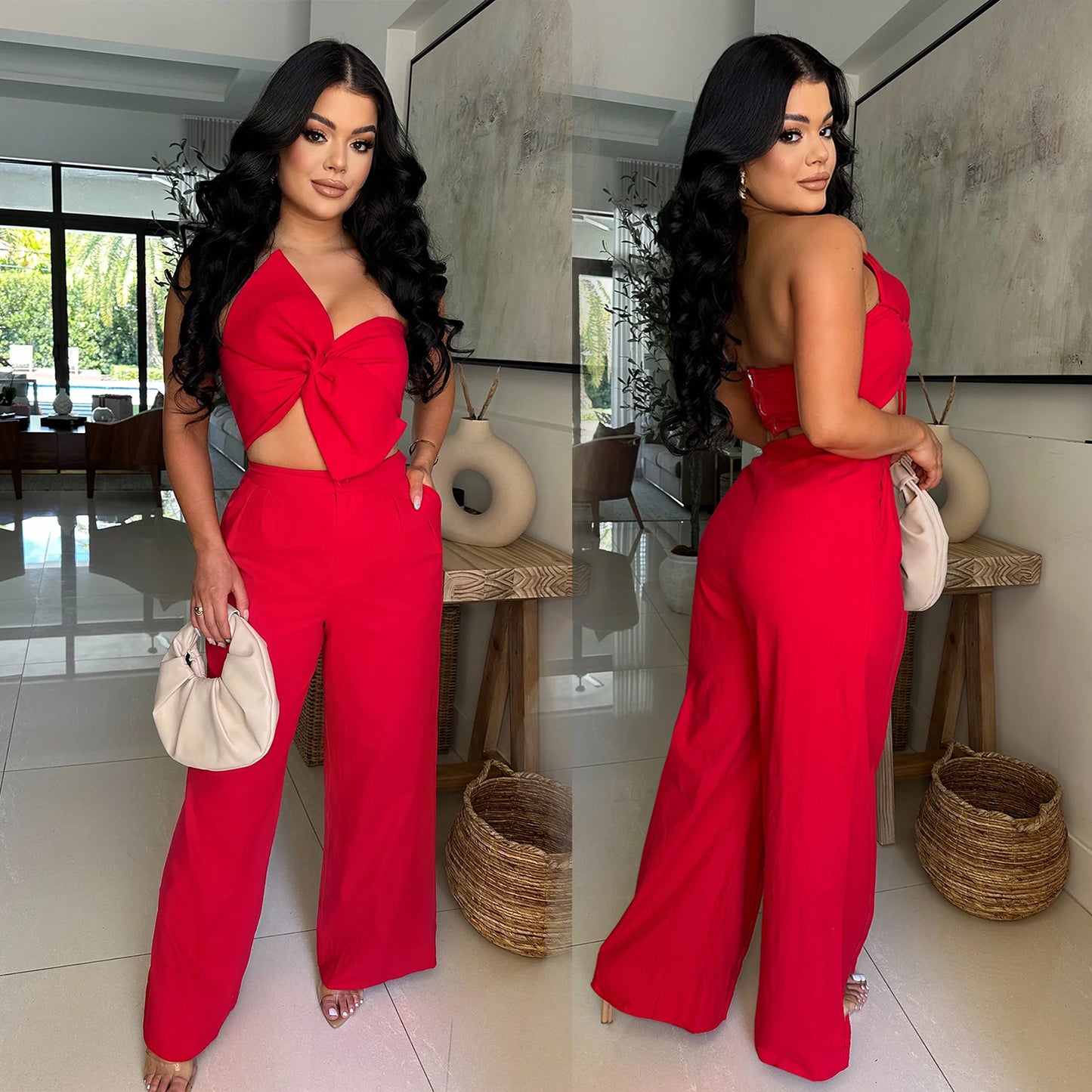XYZ C7375 bow casual trousers two-piece set