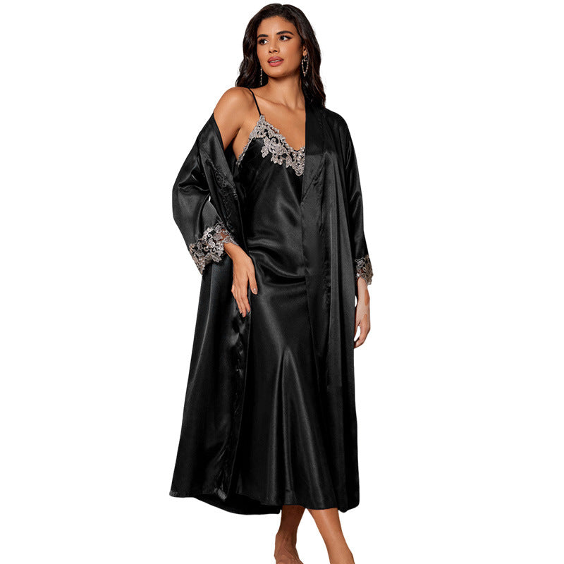 DNL artificial silk lace V-neck long slip nightdress two-piece pajamas