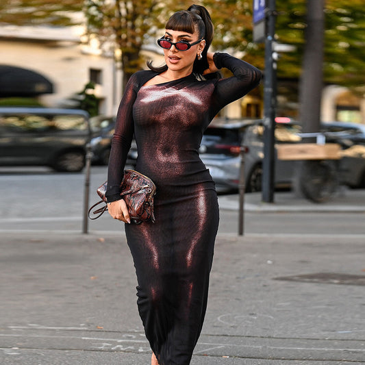 SXR fall winter fashion diagonal collar sheath long sleeve printed dress