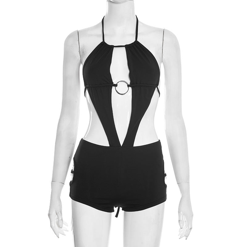 DZHT D26RP003 spring ring hollow-out halter bare back one-piece shorts
