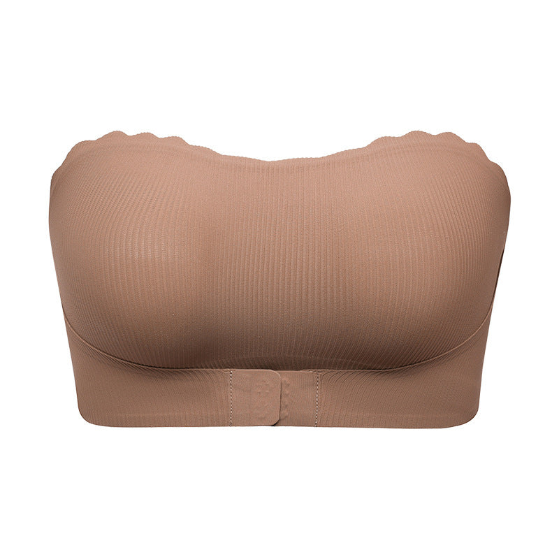 Striped seamless wavy edge thin breathable sports tube top anti-drop strapless front buckle push up accessary breast push up bra