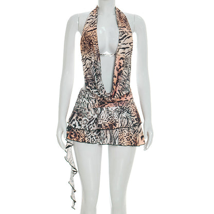 DZHT D26DS066 blooming leopard print halter swing collar bare back dress