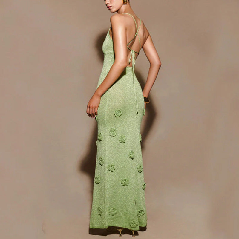 CYB V-neck skirt with shoulder straps glitter yarn knitted dress flower beach dress