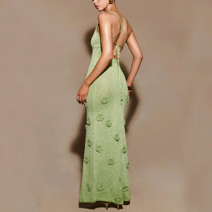 CYB V-neck skirt with shoulder straps glitter yarn knitted dress flower beach dress