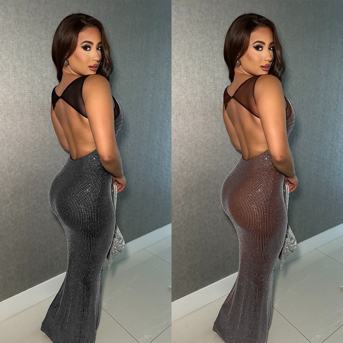 XYZ C7551 mesh hot drilling arm covering backless dress