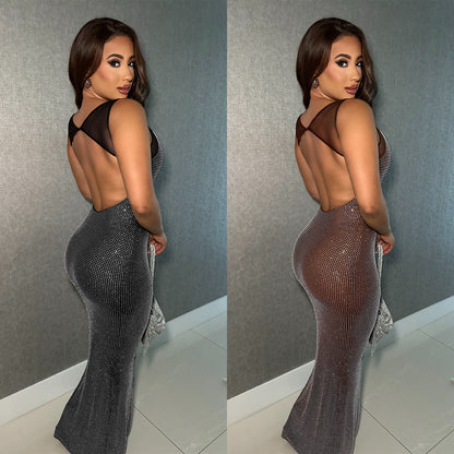 XYZ C7551 mesh hot drilling arm covering backless dress