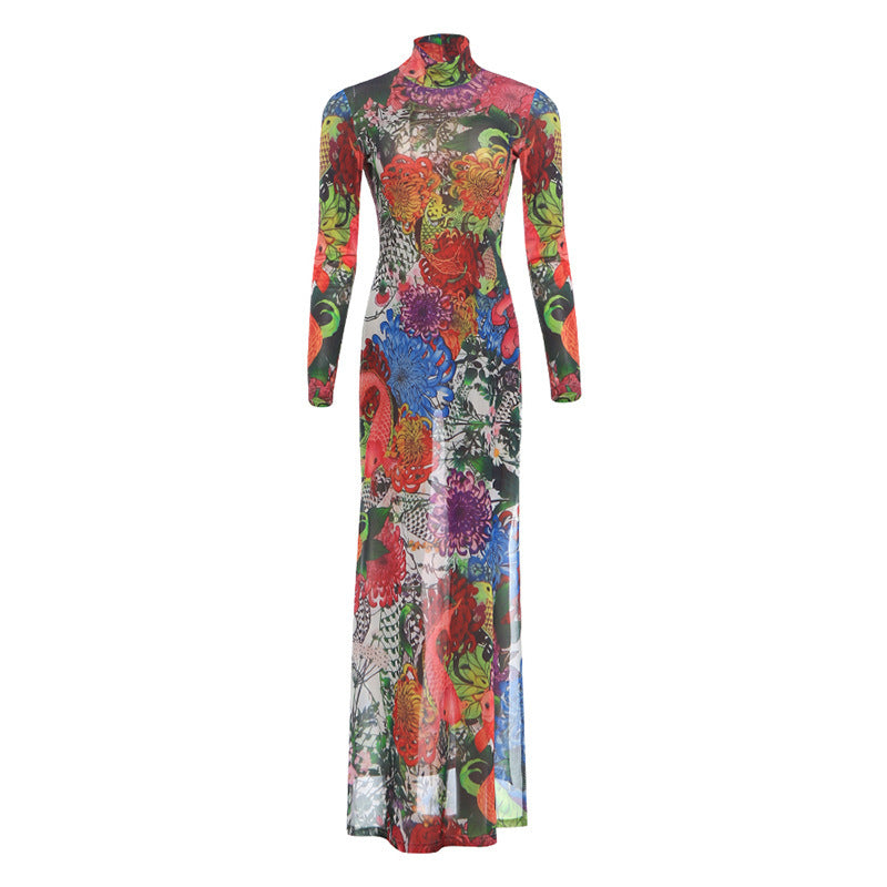 DLS plant print long sleeve half turtleneck high slit long shirt