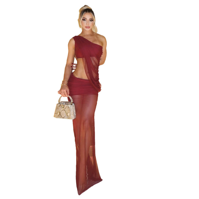 SXR spring diagonal collar midriff-baring top sheath dress two-piece suit
